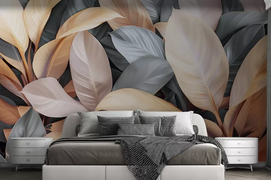 wall murals Large tropical leaves in blue and beige colors w01587v2