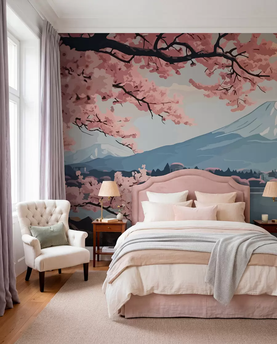 wall murals Sakura, mountains, watercolour w01664