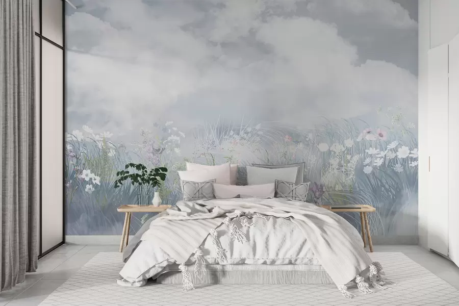 wall murals Wildflowers and grasses with balkan sky and clouds w01624