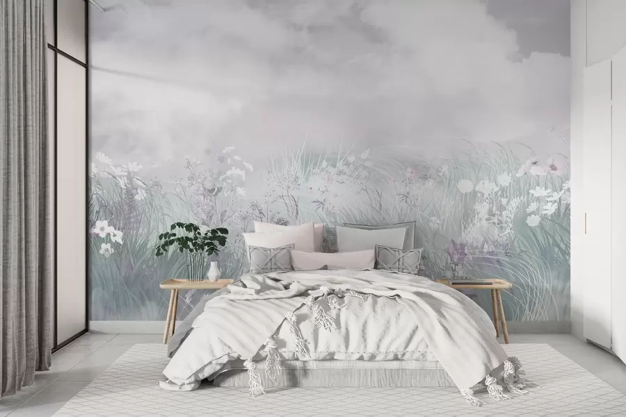 wall murals Wildflowers and grasses with pinkish sky and clouds w01624v1
