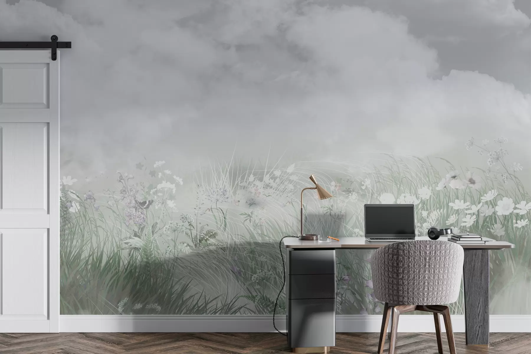 wall murals Wild flowers and grasses with gray sky and clouds w01624v3