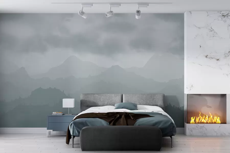 wall murals Foggy mountains with cirrus blue clouds in the sky w01637v2