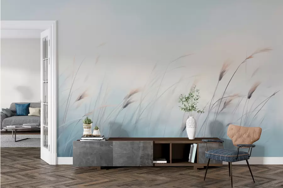 wall murals Delicate field grasses on a blue background w01643