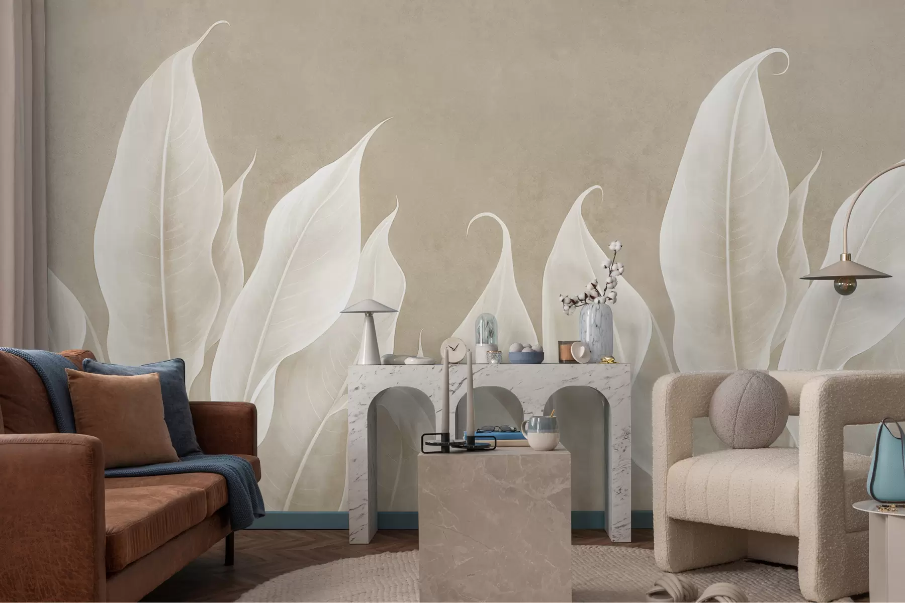 wall murals large white leaves on a beige background w01679