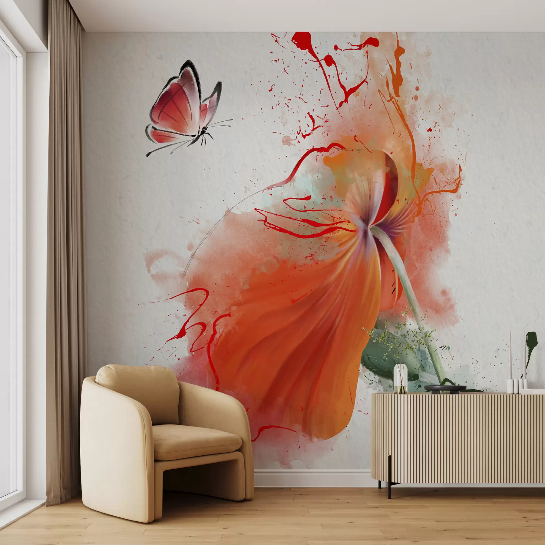 wall murals Poppy and butterfly u34147