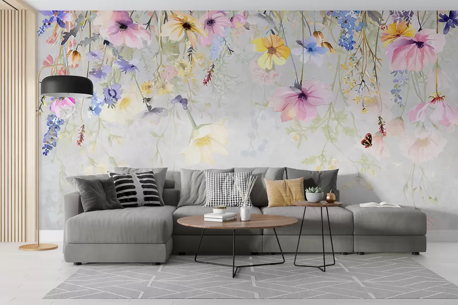 wall murals Colorful florals with pink, yellow, and blue flowers hanging from the top on textured gray background w08309