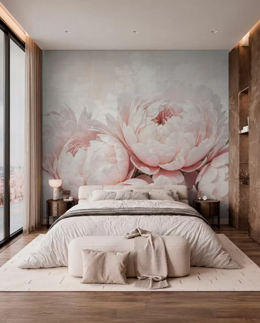 wall murals Soft pink peonies with delicate petals against a light textured vintage background w08312