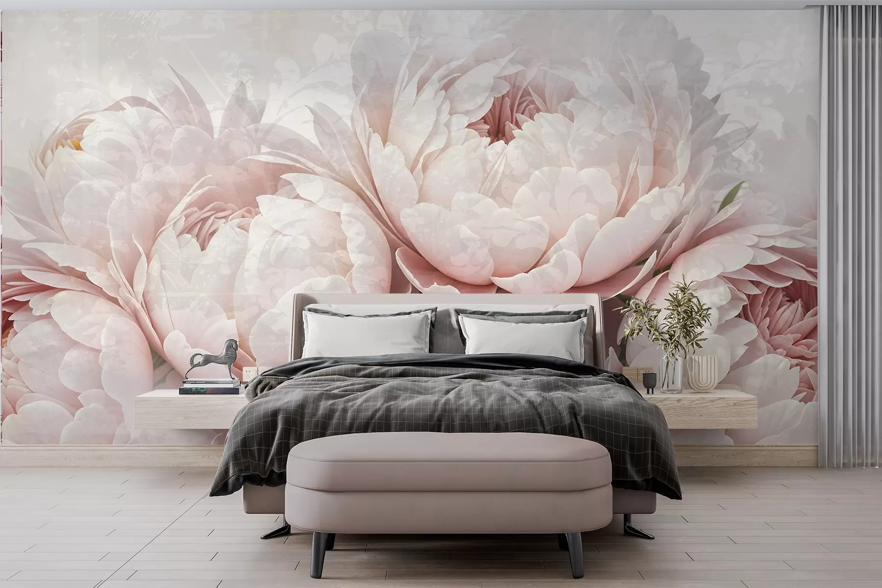 wall murals Soft pink peonies with delicate petals against a light textured vintage background w08312