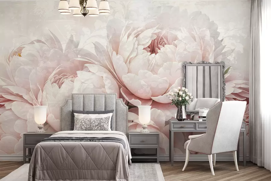 wall murals Soft pink peonies with delicate petals against a light textured vintage background w08312
