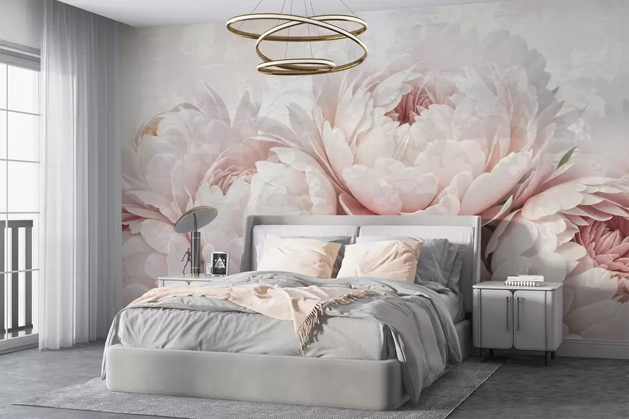 wall murals Soft pink peonies with delicate petals against a light textured vintage background w08312