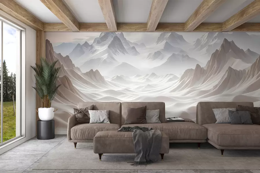 wall murals Snowy mountain peaks emerging from a misty, ethereal landscape with rolling hills and valleys w08313