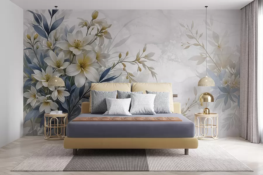 wall murals White, beige and blue floral bouquet with delicate leaves on a soft, blurred background w08314
