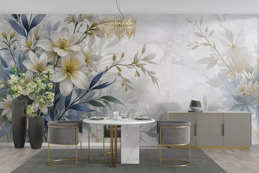 wall murals White, beige and blue floral bouquet with delicate leaves on a soft, blurred background w08314