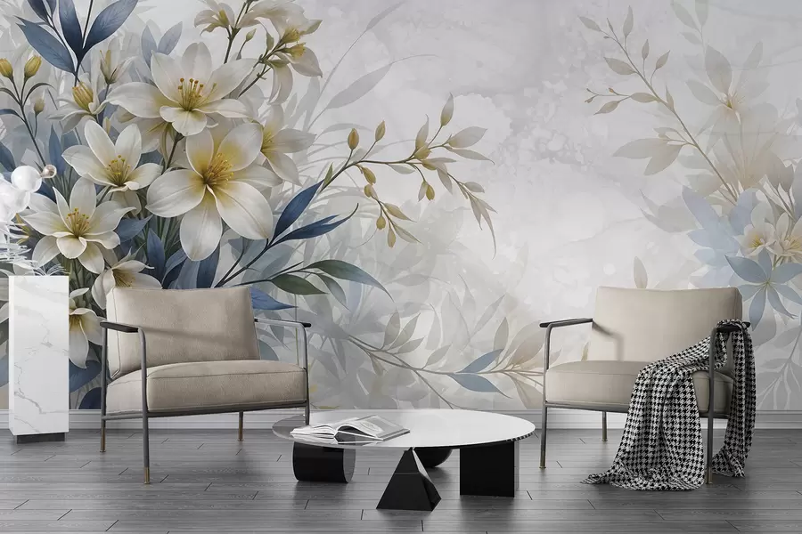 wall murals White, beige and blue floral bouquet with delicate leaves on a soft, blurred background w08314