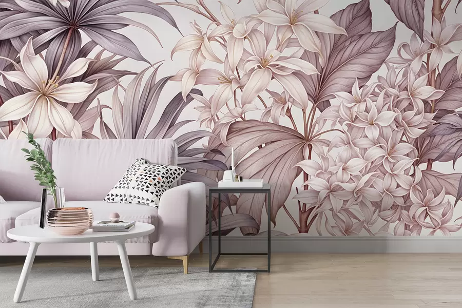 wall murals A tropical floral print with large white and light pink flowers, bordo leaves, and a neutral background w08318v1