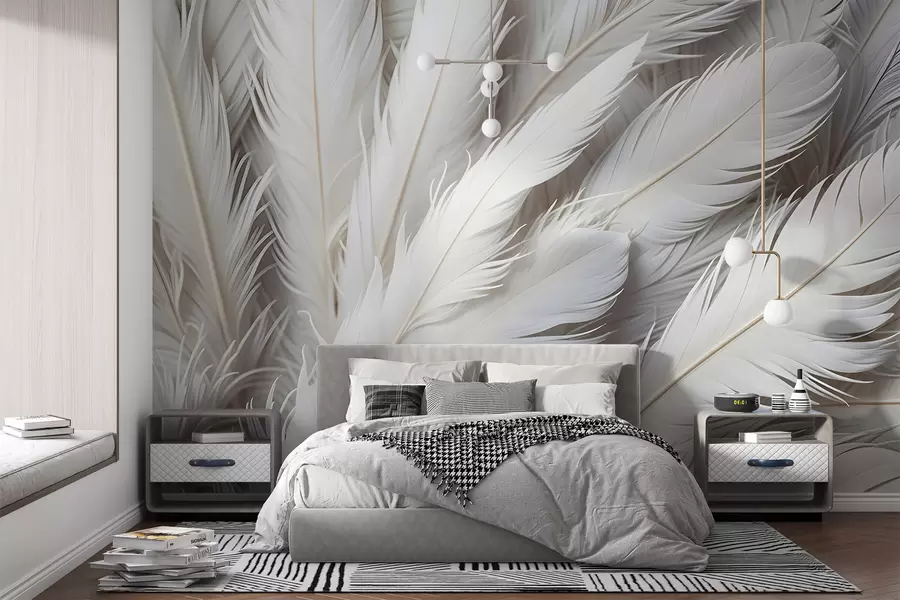 wall murals Soft, fluffy white feathers with a delicate, wispy texture on a light background w08319