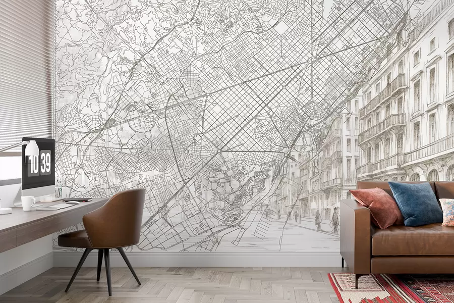 wall murals Barcelona city map, line drawing, architecture, Spain, beige colors w01695