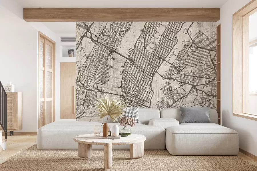 wall murals New York city map, line drawing, architecture, beige colors w01699