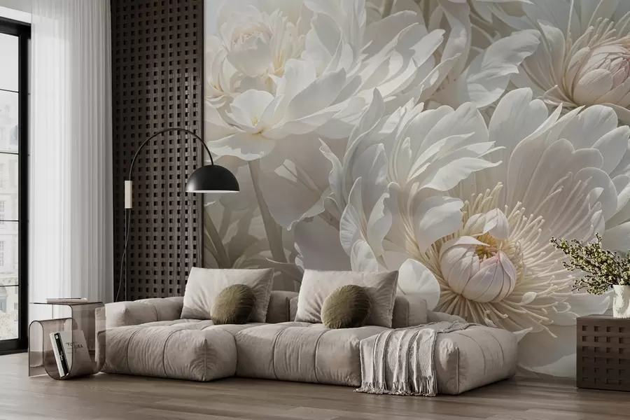 wall murals A close-up of large, delicate white peony flowers with soft, fluffy petals and pale yellow centers w08325