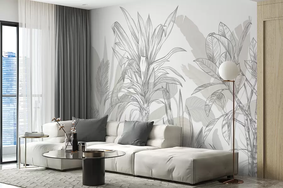 wall murals A tropical graphic plants with large, lush leaves and flowers in shades of gray and white with floral green silhouettes w08327