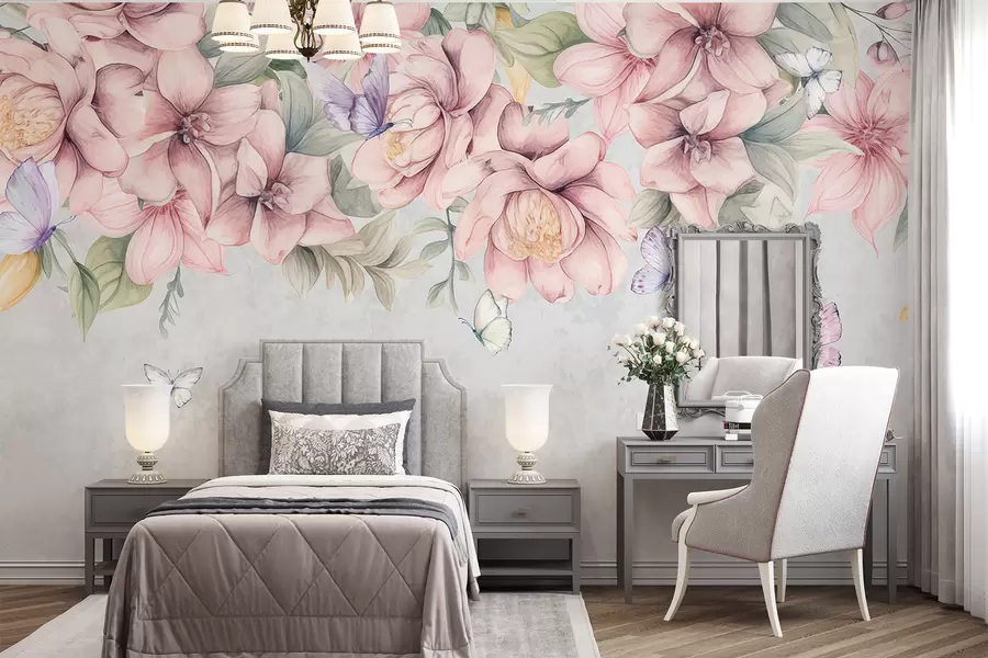 wall murals Soft pink and white florals with delicate flowers and leaves on textured gray background w08331