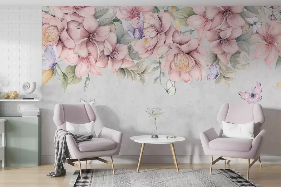 wall murals Soft pink and white florals with delicate flowers and leaves on textured gray background w08331