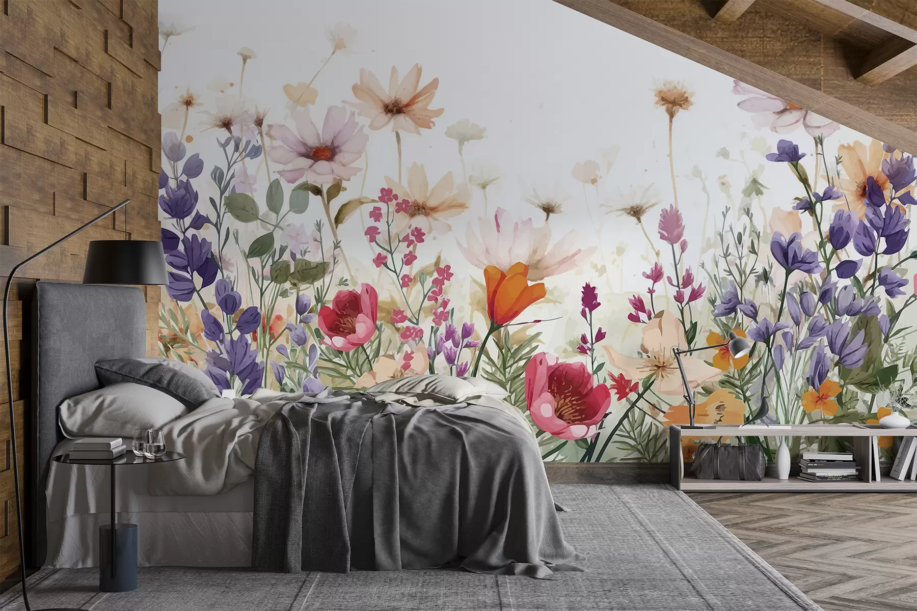 wall murals A field of colorful abstract wildflowers including poppies, daisies, and other blooming plants on white background w08333