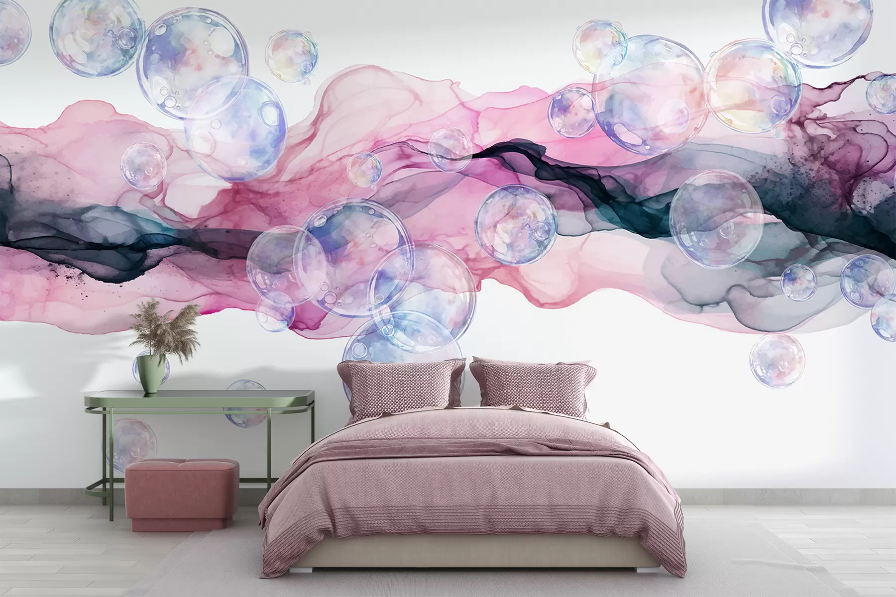 wall murals Colorful abstract fluid shapes with bubbles, swirls of pink, blue, and purple hues against a white background w08337
