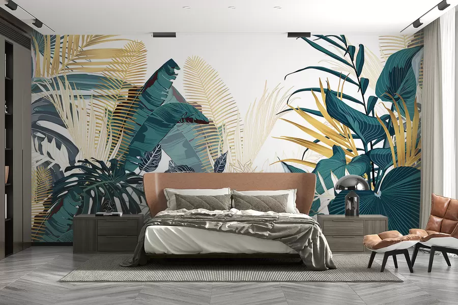 wall murals A tropical lush green foliage, including palm leaves, ferns, and other exotic plants in dark green and orange colors w08338