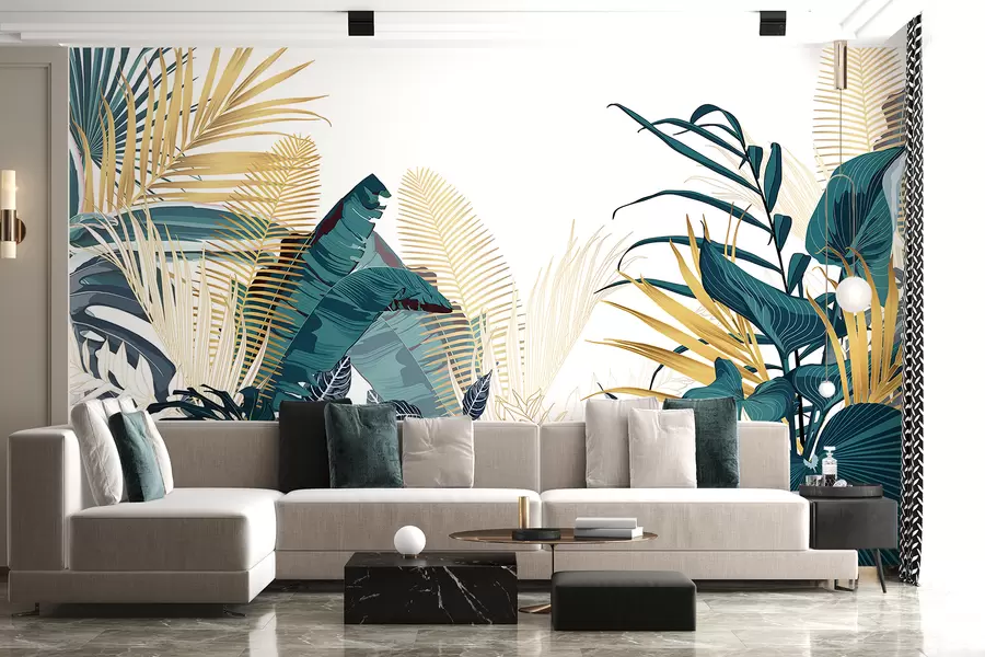 wall murals A tropical lush green foliage, including palm leaves, ferns, and other exotic plants in dark green and orange colors w08338