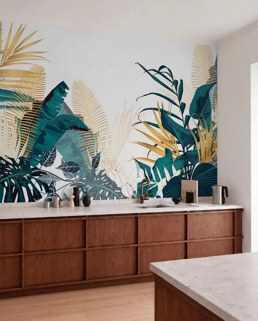 wall murals A tropical lush green foliage, including palm leaves, ferns, and other exotic plants in dark green and orange colors w08338