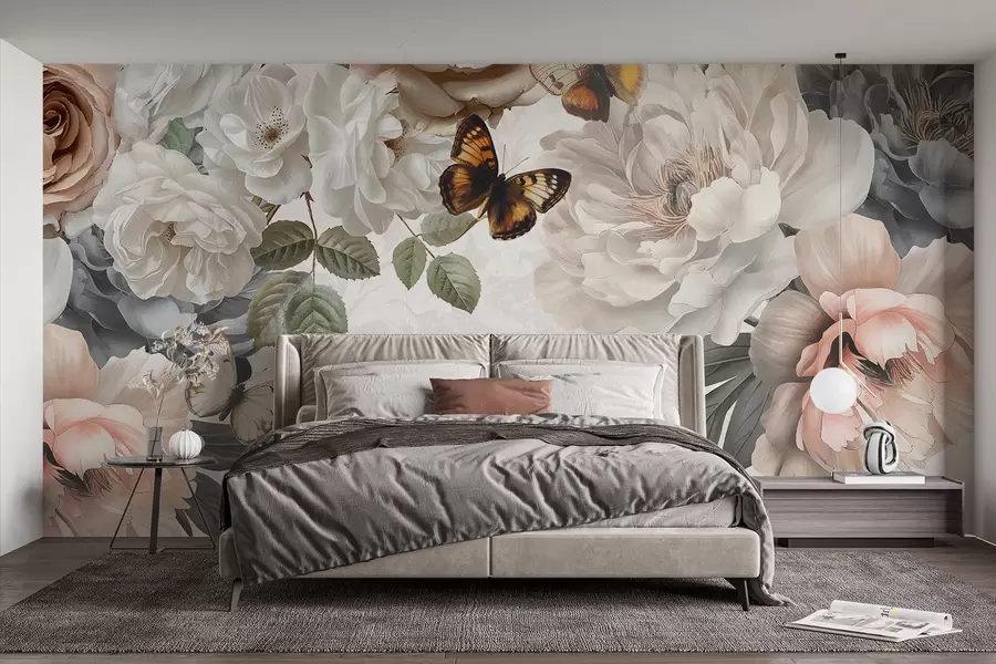 wall murals Large white and pink peony flowers with a butterfly perched on one of the blooms on a soft, blurred background w08340