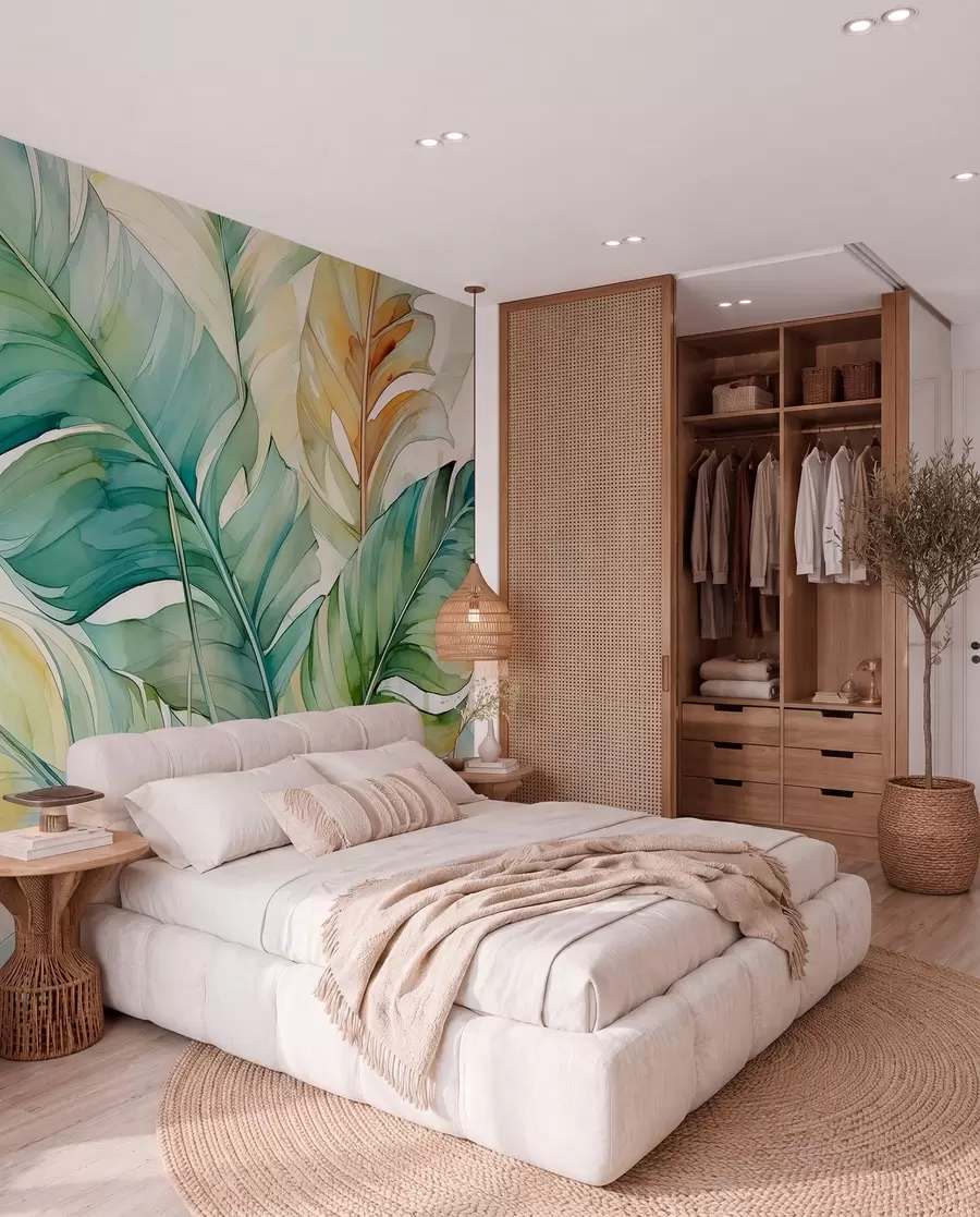wall murals Tropical banana palm leaves wet watercolor w01775