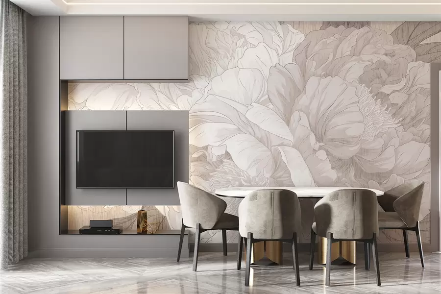 wall murals Textured large peony flowers in beige shades w01141