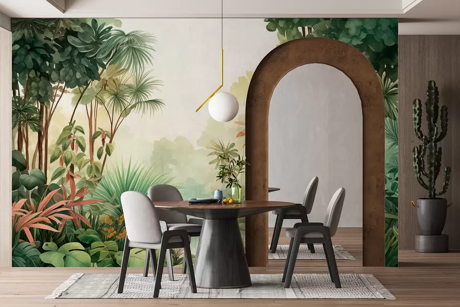 wall murals Watercolor jungle forest, palm trees, lake, greenery w01784