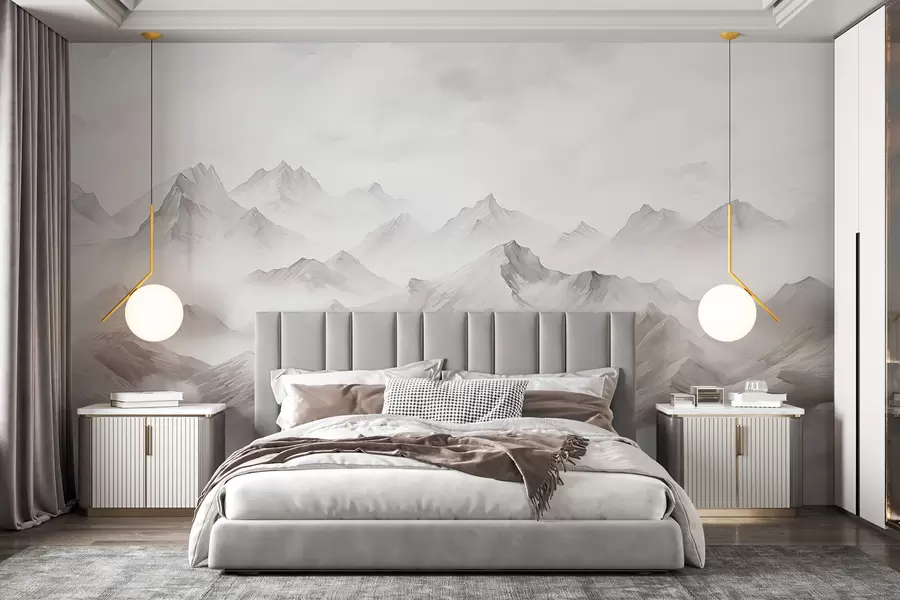 wall murals Mountains with clouds, watercolor, soft grey colors w01790v1