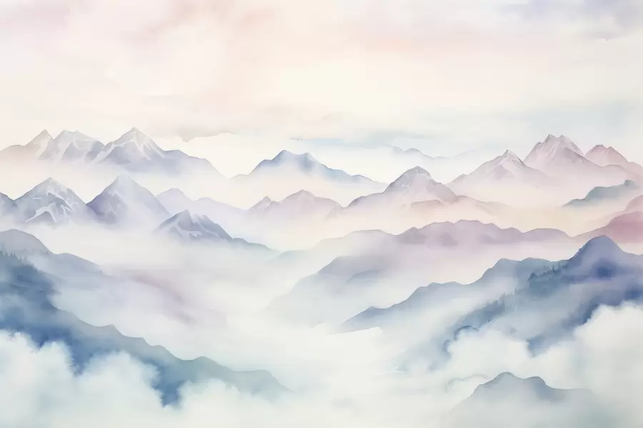wall murals Ethereal mountains landscape, clouds, watercolor w01791