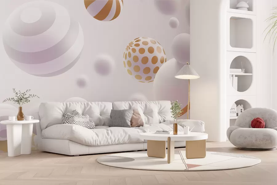 wall murals Volumetric 3D-style flying spheres in light gray tones with orange accents w01148