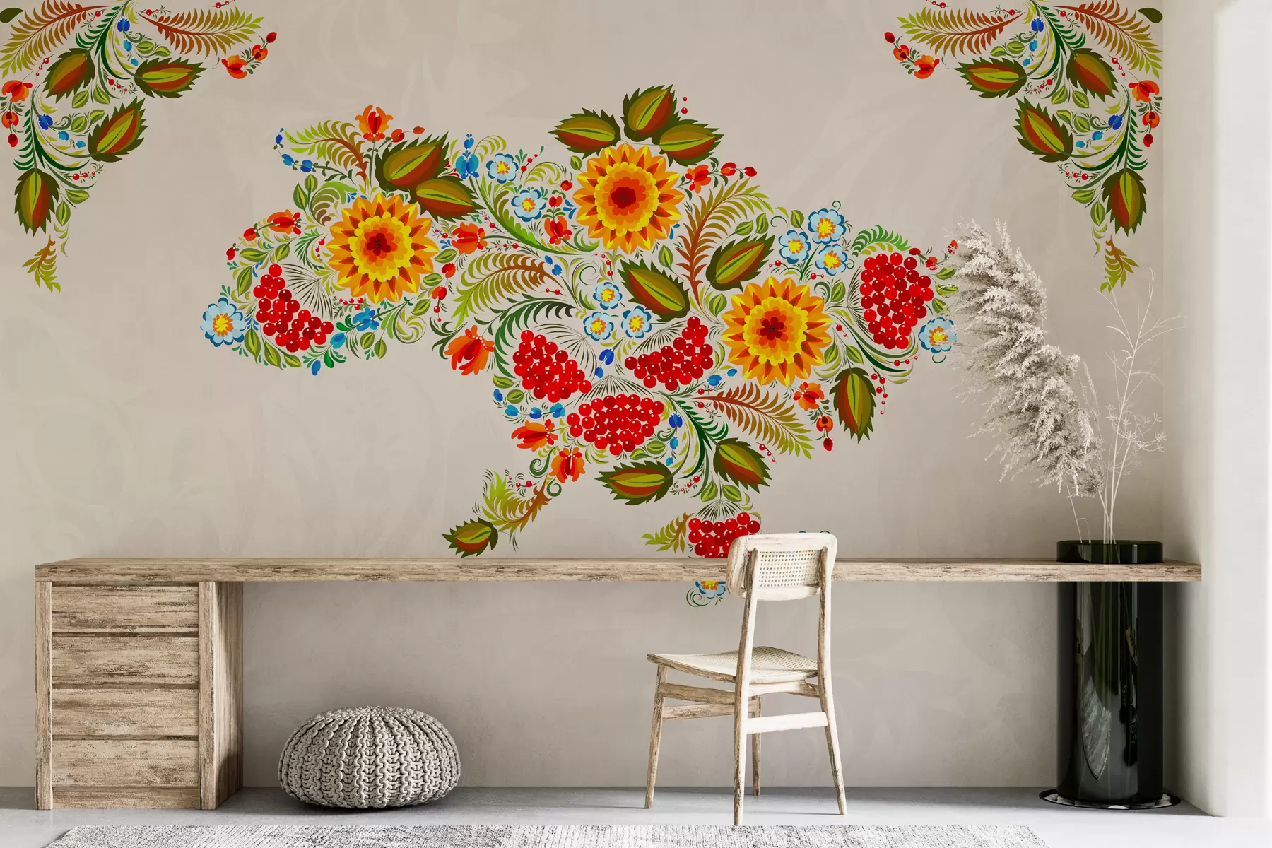 wall murals Map of Ukraine in the style of Petrikov painting on a light beige background w01149
