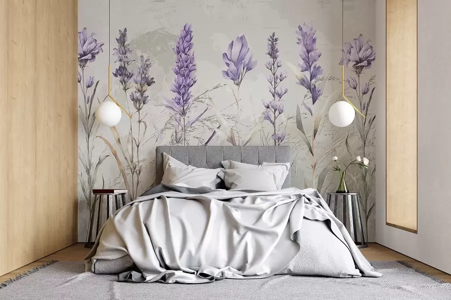 wall murals A field of purple watercolor lavender flowers with soft, blurred textured beige background w08346