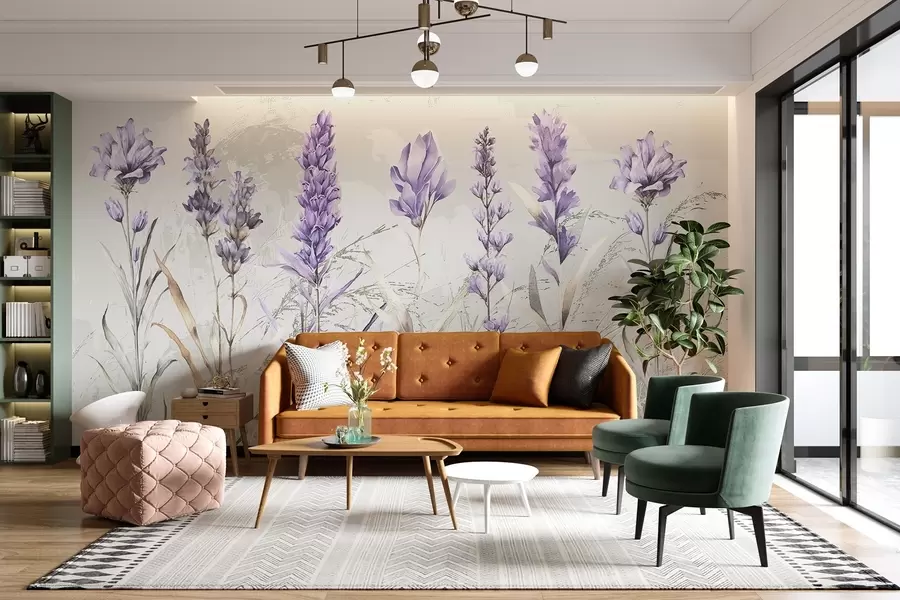 wall murals A field of purple watercolor lavender flowers with soft, blurred textured beige background w08346