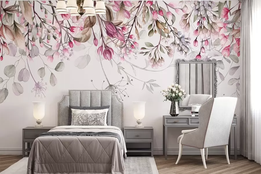 wall murals Delicate pink and white floral branches with leaves and petals, on pastel gray background w08347