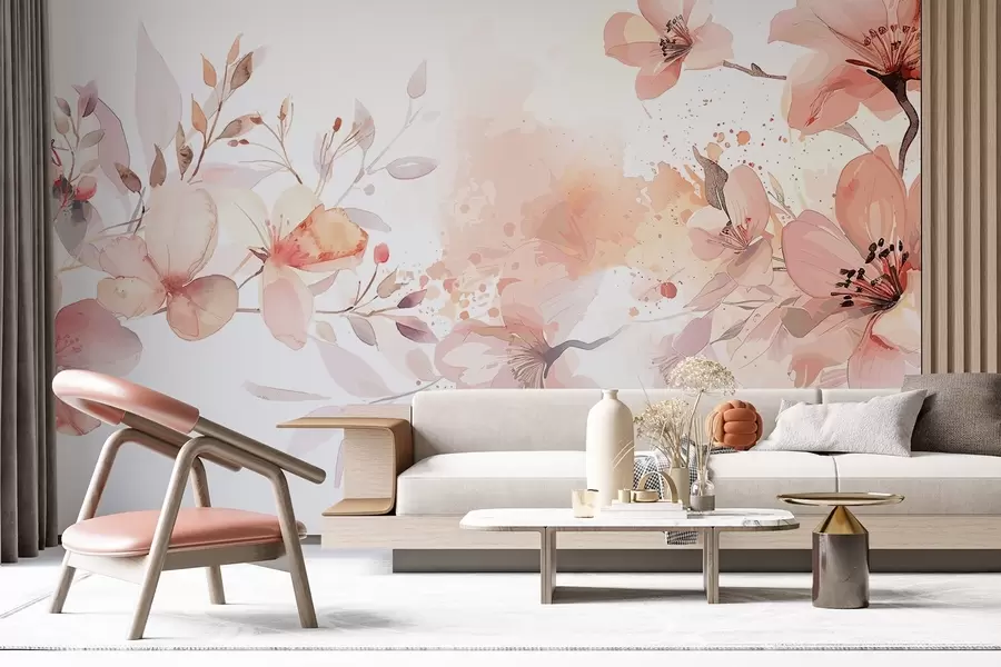wall murals A bouquet of delicate peach and white flowers with soft, blurred petals against a light, airy watercolor background w08348