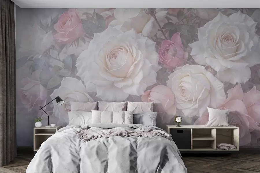 wall murals Soft, pastel-colored roses and peonies against a blurred, misty gray textured background w08352