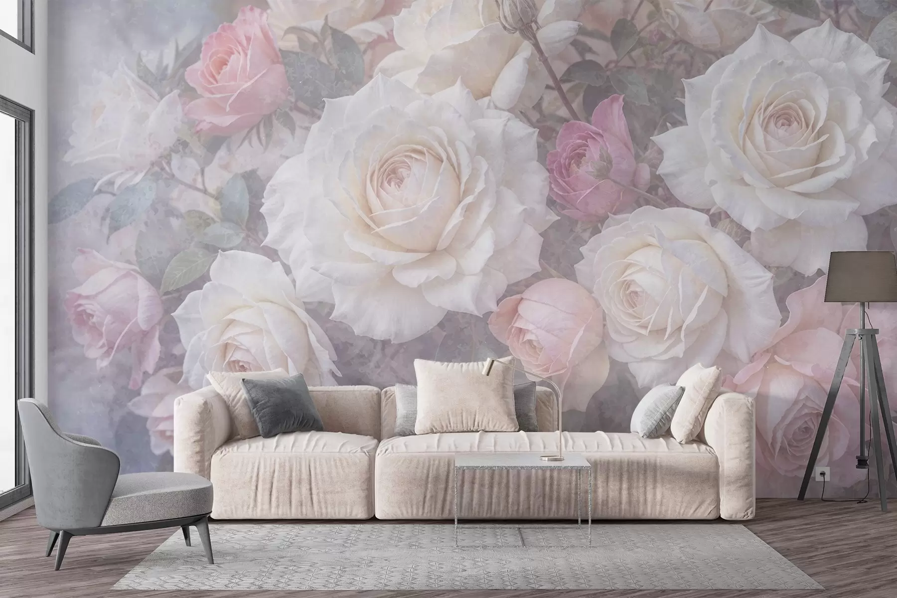 wall murals Soft, pastel-colored roses and peonies against a blurred, misty gray textured background w08352