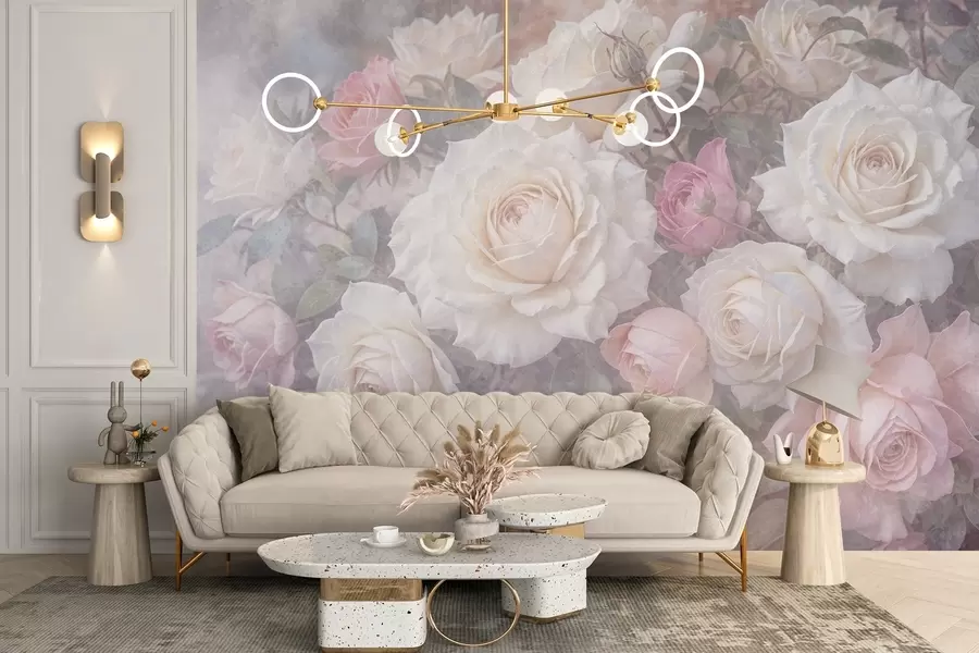 wall murals Soft, pastel-colored roses and peonies against a blurred, misty gray textured background w08352