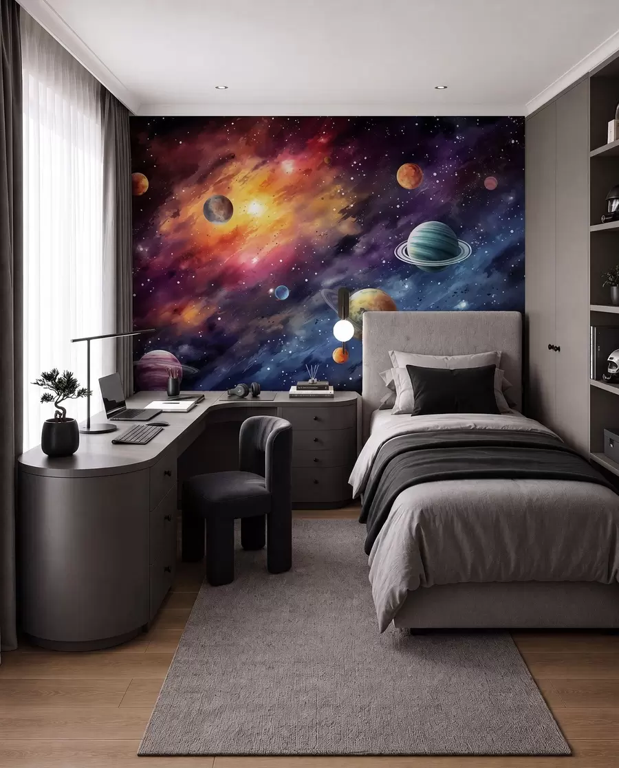 wall murals Space with planets and stars, watercolor, cosmic w01798