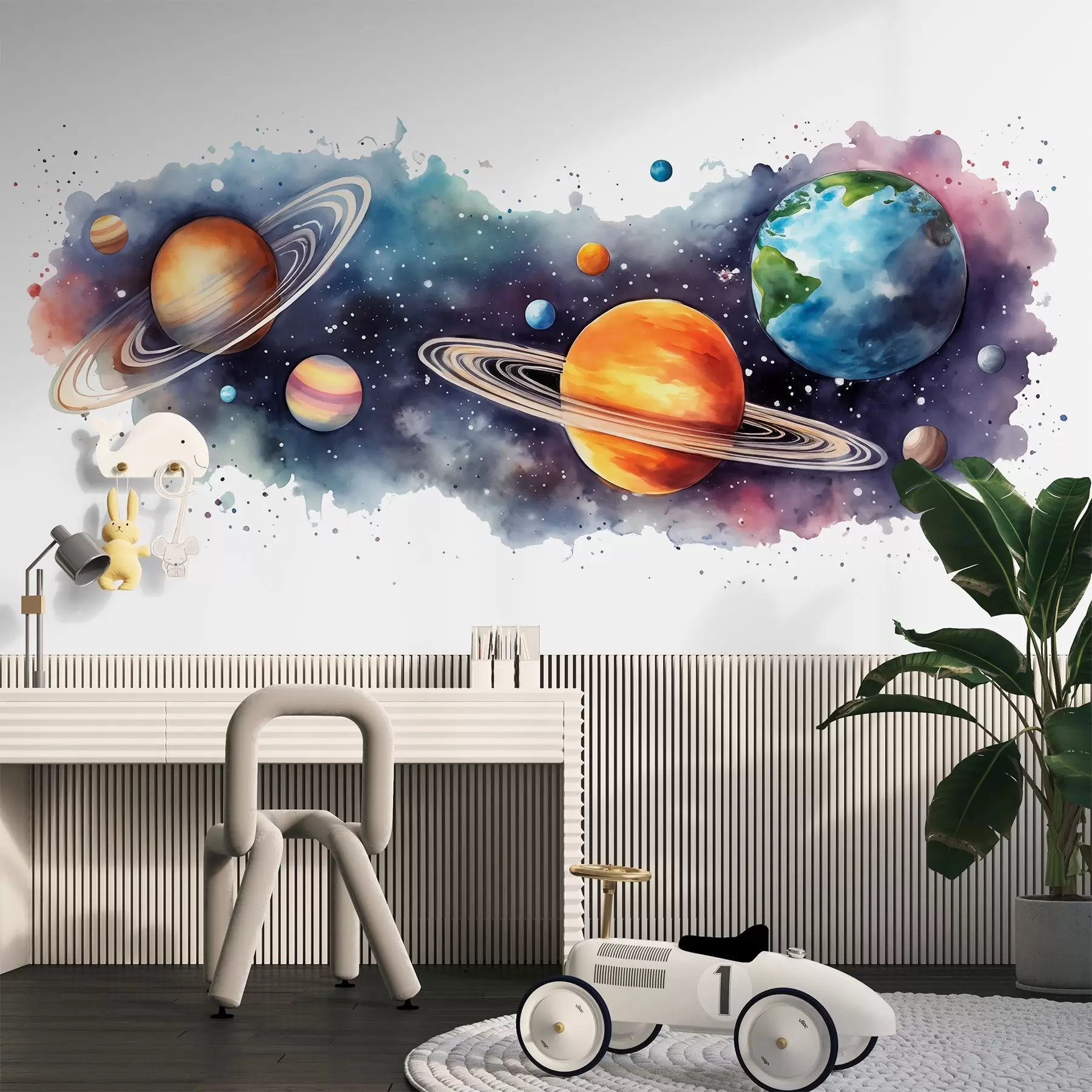wall murals Watercolor planets, space, cosmic, Earth, Saturn w01802