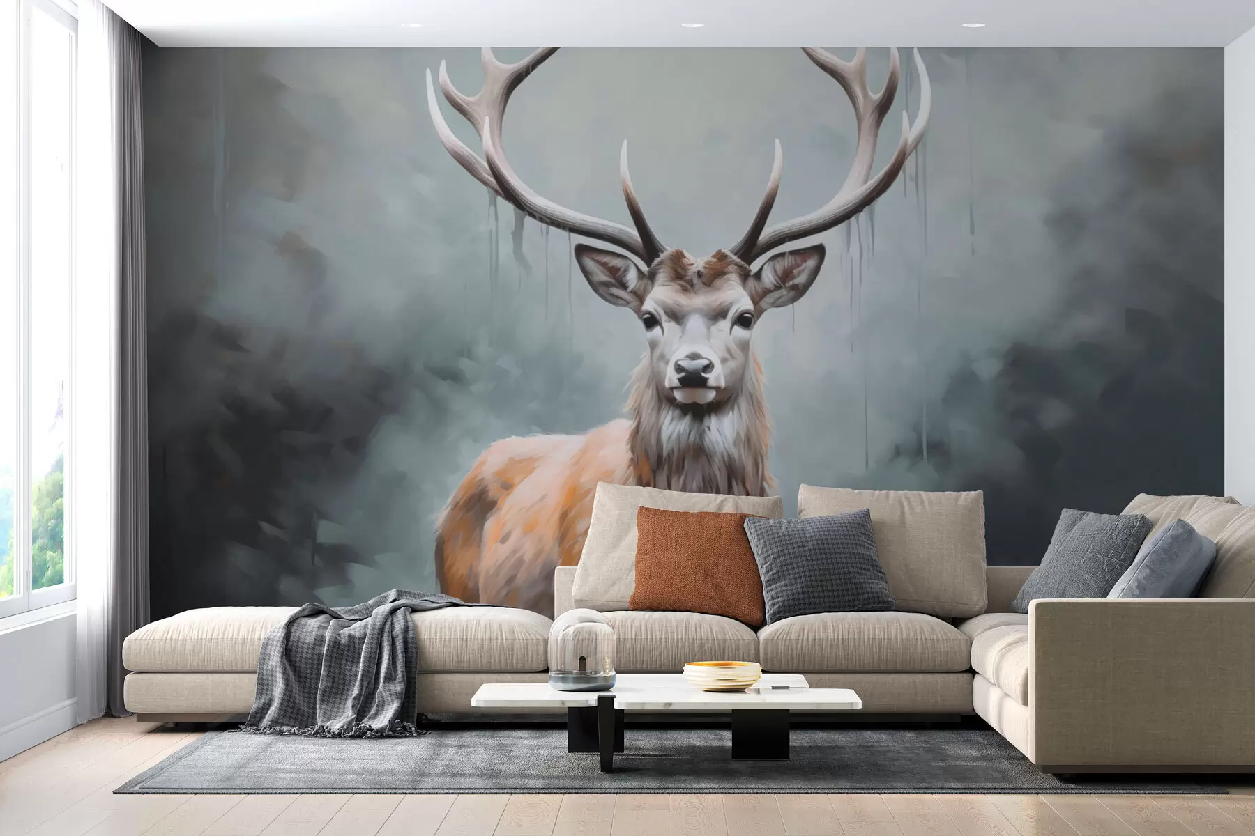 wall murals Elegant deer in the fog w01796