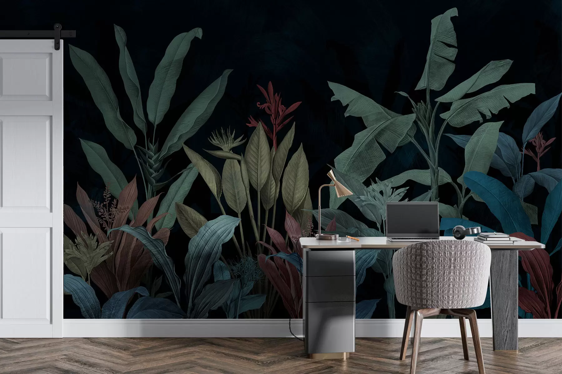 wall murals Tropical leaves and flowers on a dark background w01834